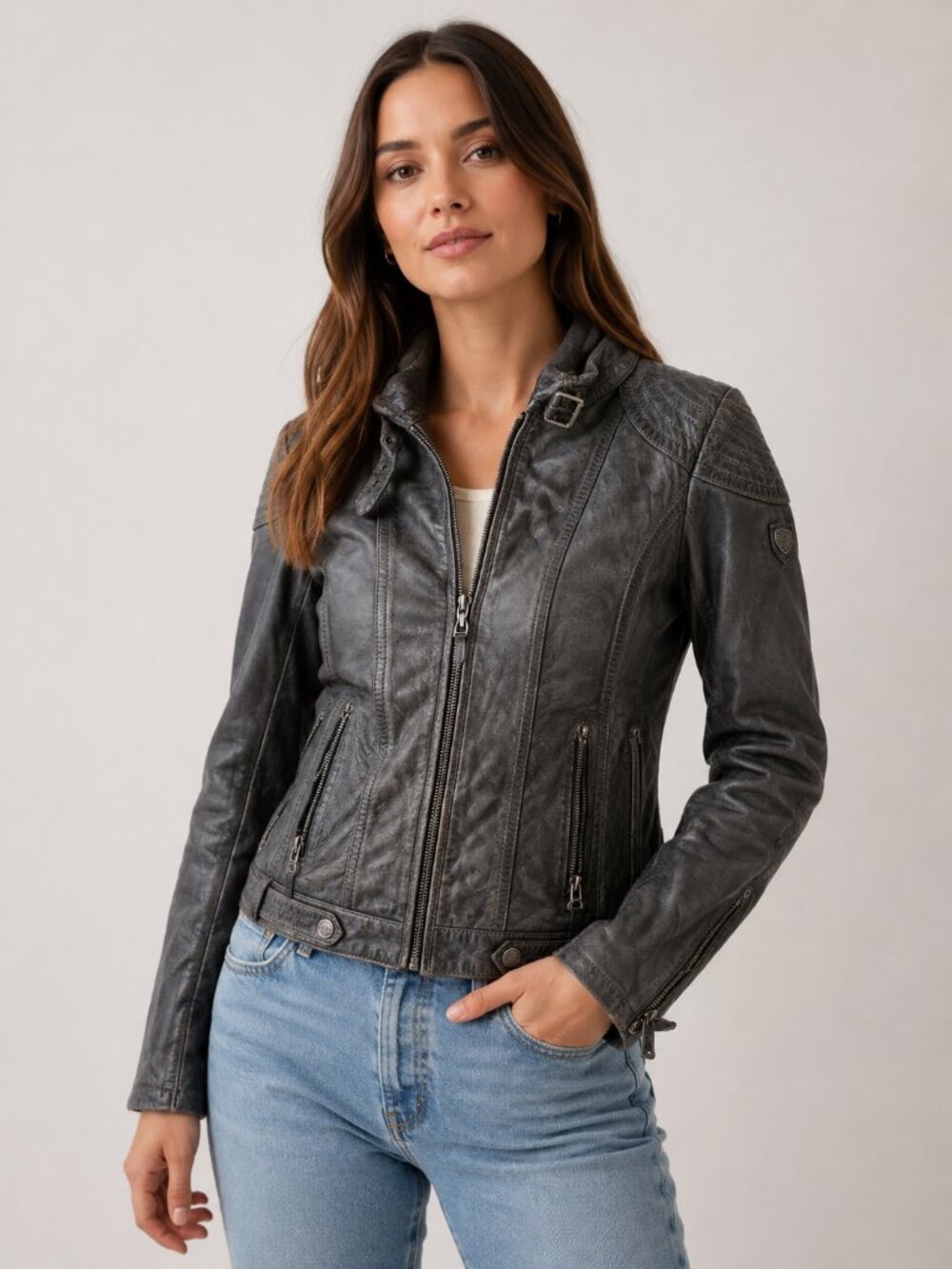 Gipsy Women’s Leather Hooded Moto Jacket Size S Gray Distressed Biker